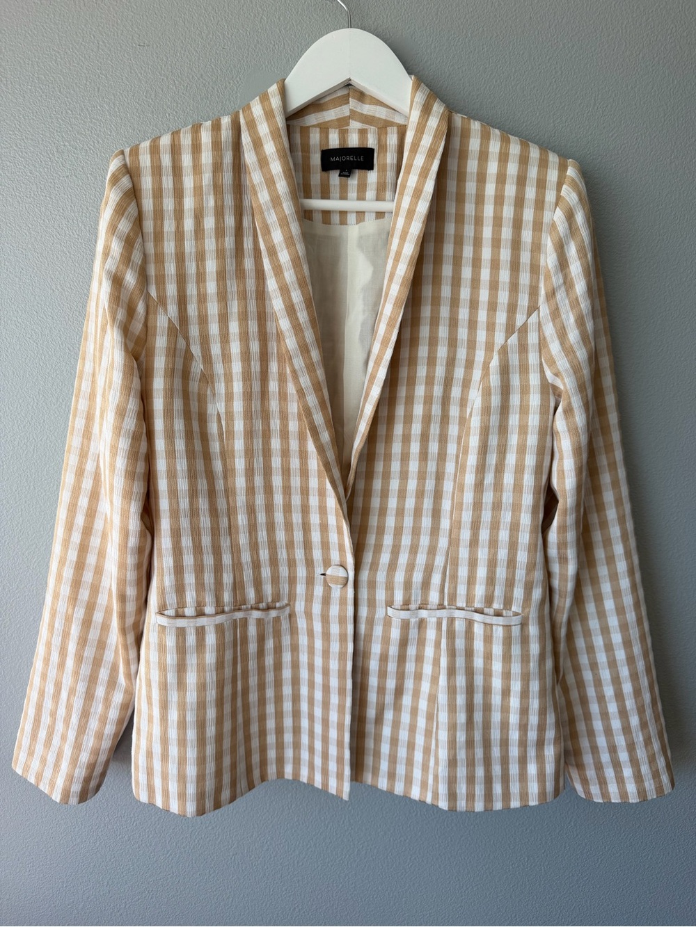 Majorelle white tan gingham long sleeve one button blazer jacket Women’s sz S